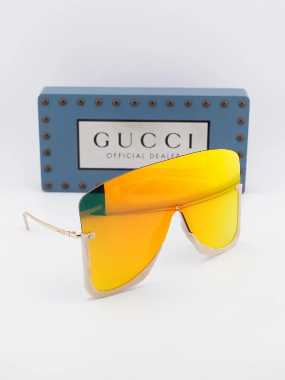 Gucci GG0540S 004 Shield Sunglasses - Beige/Gold\ Orange Mirror
